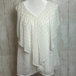 A. Byer Ruffle top; Cream/Gold/Silver sheer with flowing front; Size Large